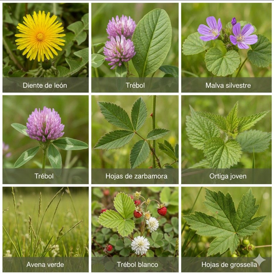 imagen de estas plantas por separado con su nombre debajo: Diente de león, Trébol , Llantén mayor, Ortiga joven, Malva silvestre, Avena verde, hojas de zarzamora, hojas de fresa silvestre, trébol blanco, hojas de grosella o hojas de rubus