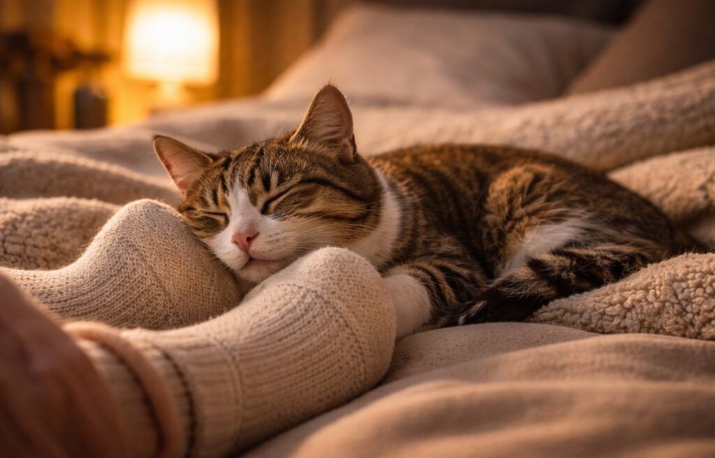 Gato durmiendo a los pies de su dueña en la cama durante la noche