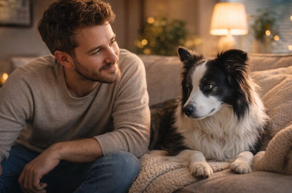Dueño y perro en el sofá, dueño mirando con mucho cariño y su border collie esquivando su mirada
