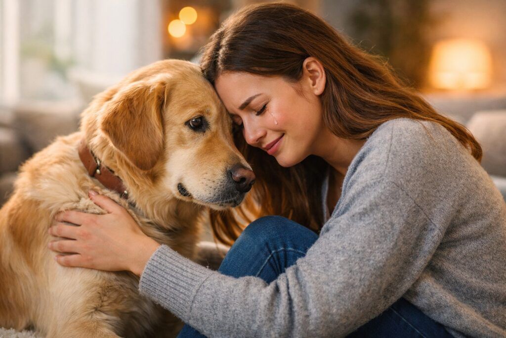 Una mujer llorando y su perro apoyándola