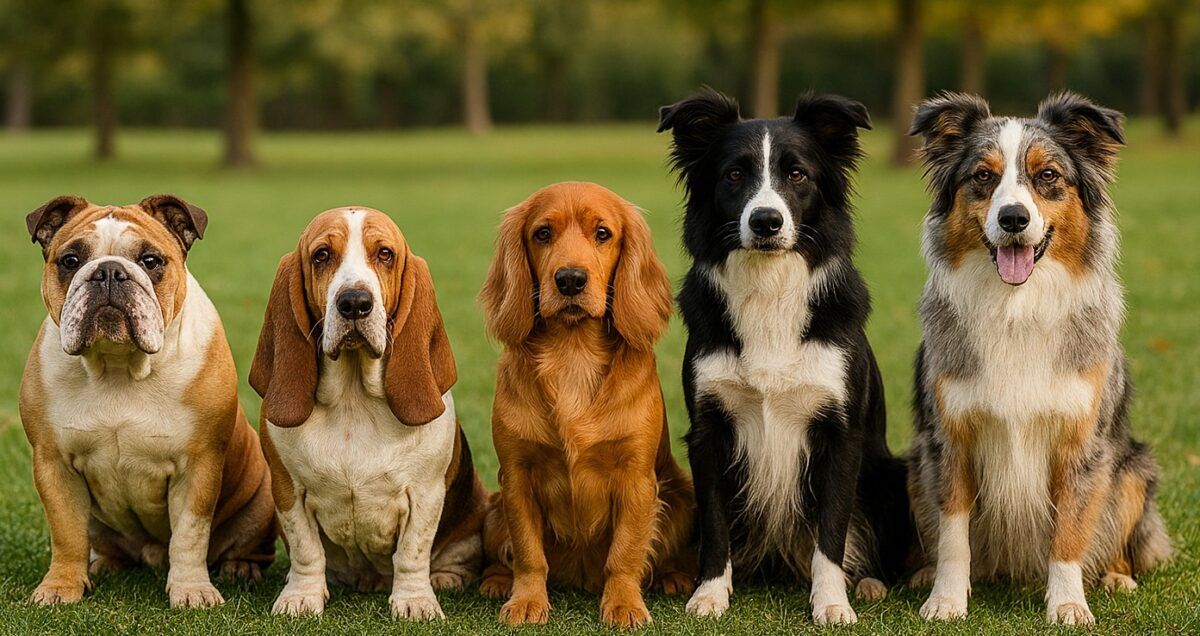 varios perros medianos sentados uno al lado del otro, de menos enérgico a más