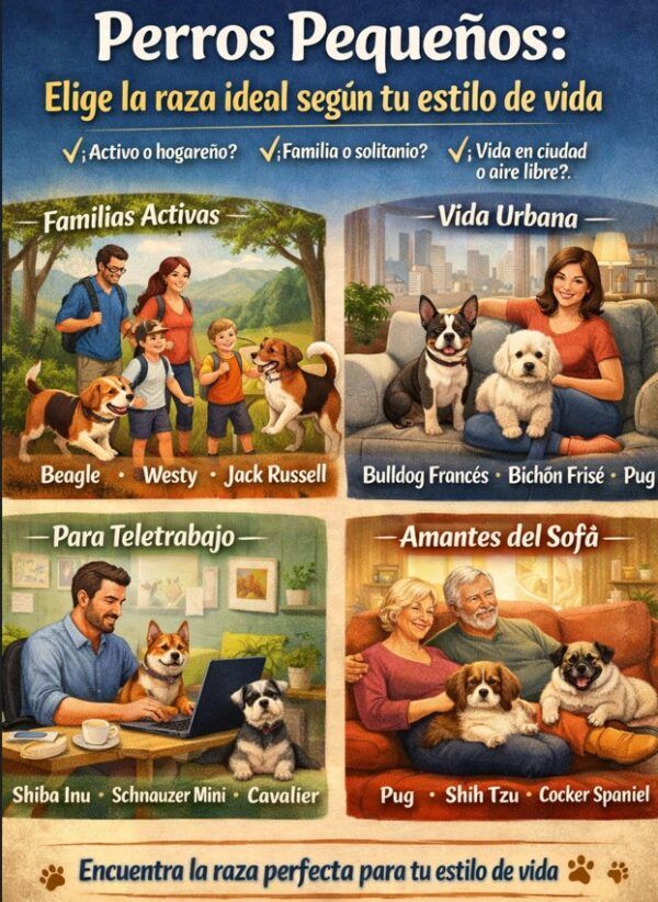 15 razas de perros pequeños separados en diferentes estilos de vida, sedentaria, activa, urbana, ocupada