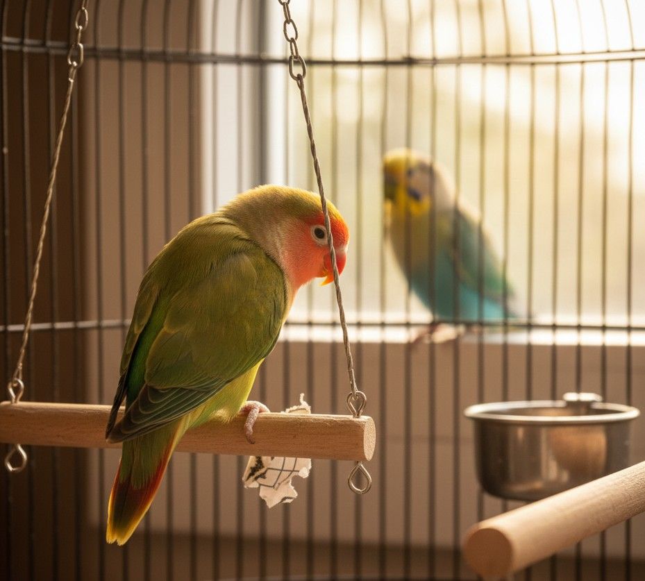 dos agapornis tristes separados en distintas jaulas