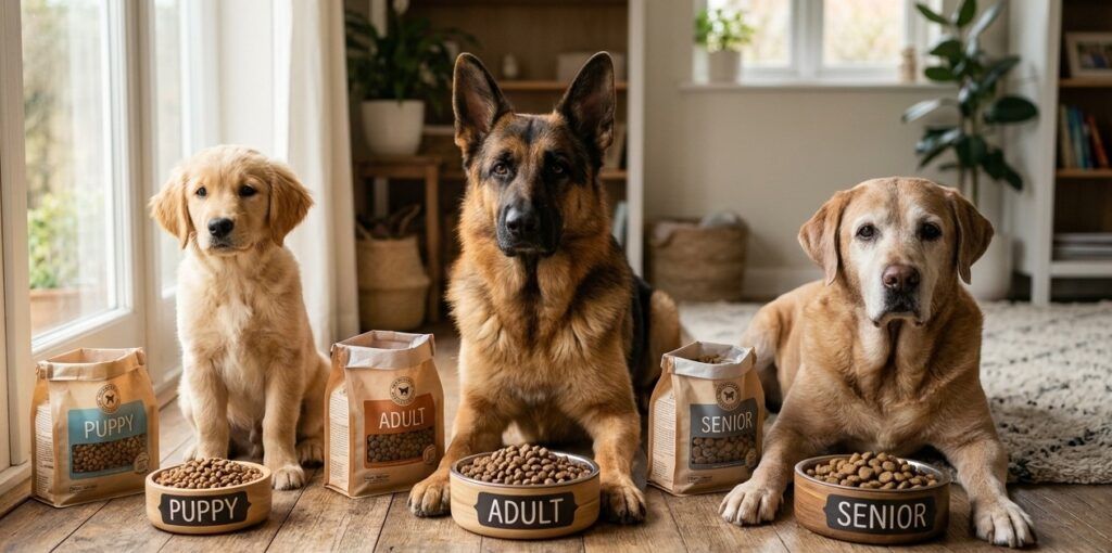Una fotografía realista de tres perros de diferentes edades y razas sentados en fila en un hogar soleado, cada uno junto a un cuenco y un saco de comida etiquetados como 'PUPPY' (Cachorro), 'ADULT' (Adulto) y 'SENIOR'. Visualiza las etapas de cambio de pienso.
