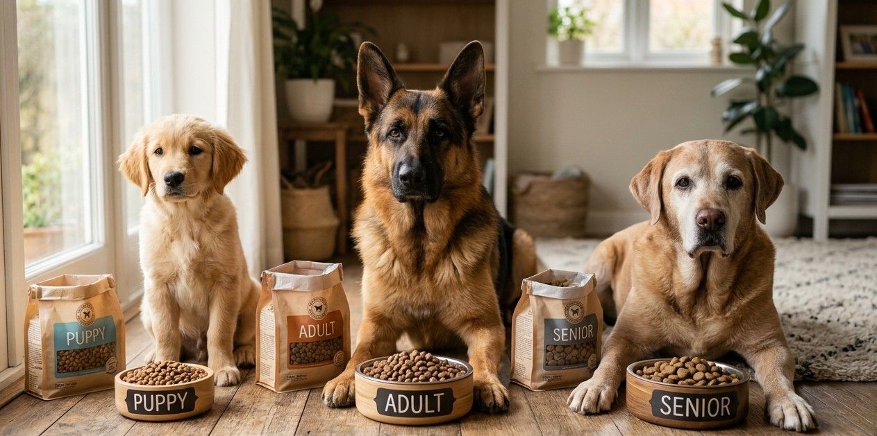 Una fotografía realista de tres perros de diferentes edades y razas sentados en fila en un hogar soleado, cada uno junto a un cuenco y un saco de comida etiquetados como 'PUPPY' (Cachorro), 'ADULT' (Adulto) y 'SENIOR'. Visualiza las etapas de cambio de pienso.