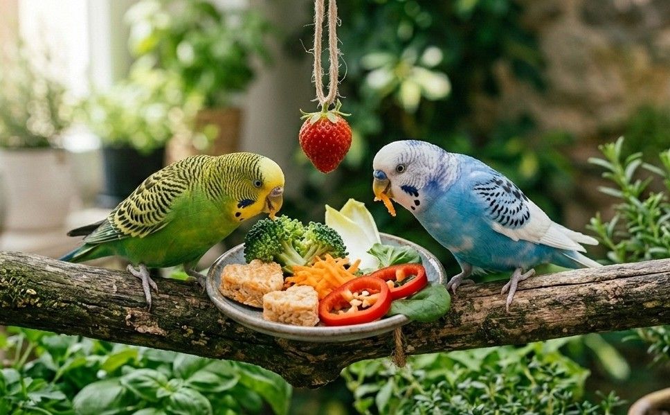 Dos periquitos, uno verde y otro azul, posados sobre una rama de madera natural mientras exploran un plato con frutas y verduras para periquitos. En el plato se observa brócoli, zanahoria rallada y rodajas de pimiento rojo, rodeados de plantas aromáticas en un entorno luminoso.