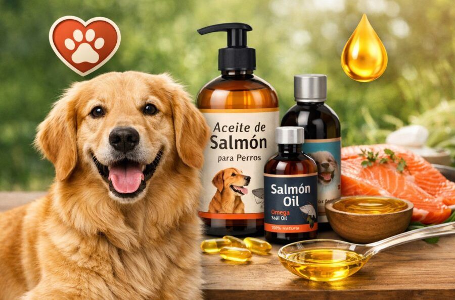 Aceite de salmón para perros. Foto de la portada, golden retriever más aceites