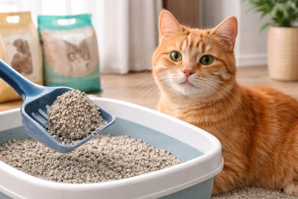 Arena aglomerante para gatos. Gato anaranjado con arena aglomerante