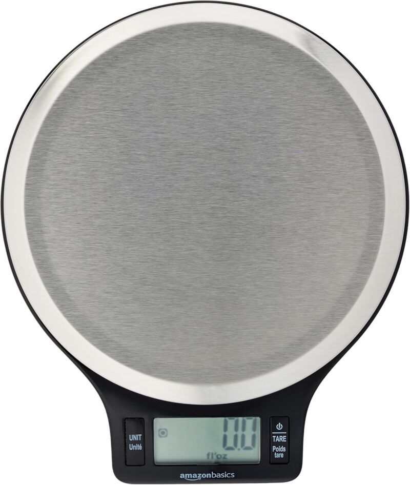 Amazon Basics Báscula de Cocina Digital con Pantalla LCD, sin bisfenol A (BPA), de Acero Inoxidable (Pilas Incluidas), Pesa hasta 11 Libras, Negro