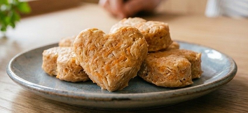 La imagen muestra estos premios caseros, con una textura tierna y un color naranja suave, dispuestos sobre una pequeña bandeja de madera rústica en el mismo entorno de cocina acogedor de la foto principal. Se aprecian pequeños trozos de zanahoria rallada en cada bocado, lo que resalta su carácter natural y casero. He incluido un par de treats en forma de corazón para darle ese toque especial de "mimo" para tu gato.
