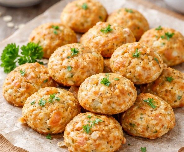 Primer plano de pequeños snacks caseros para gatos hechos con salmón, horneados hasta quedar dorados. Los bocados tienen forma redondeada y textura ligeramente crujiente, colocados sobre una superficie clara de cocina, listos para servir como premio natural para gatos.