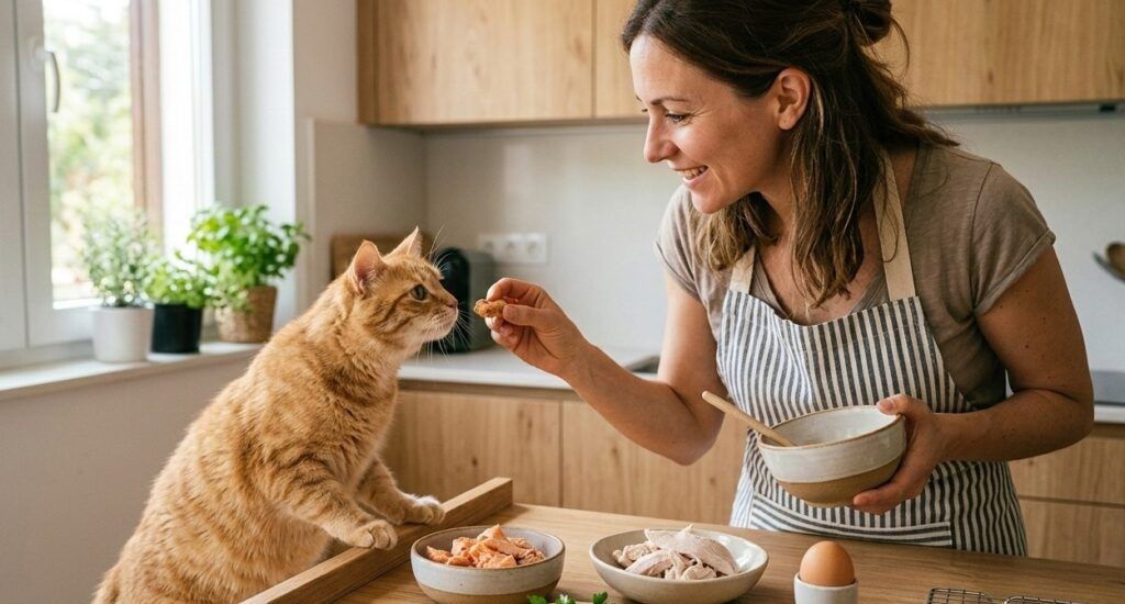 Una mujer sonriente en una cocina luminosa le ofrece un pequeño premio a un gato naranja. Sobre la mesa de madera hay cuencos con ingredientes frescos como salmón, pollo y huevos, ilustrando la preparación de chuches caseras para gatos.