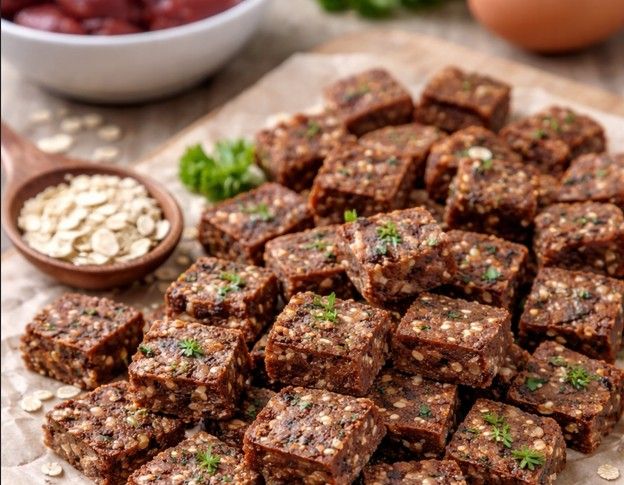 Primer plano de snacks crujientes caseros para gatos hechos con hígado de pollo, horneados y cortados en pequeños bocados. Los premios tienen textura dorada y ligeramente crujiente, colocados sobre una superficie de cocina, preparados como golosinas naturales para gatos.