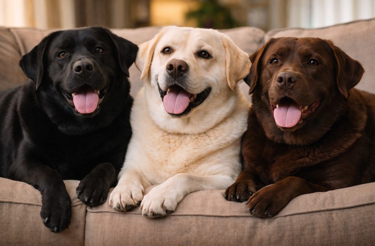 Tres labradores en el sofá con sobrepeso. Guía de como controlar el peso