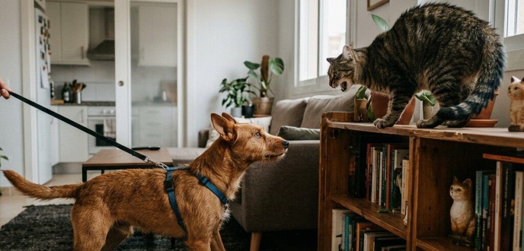 Fotografía realista que captura el conflicto típico en la convivencia animal. En el centro de un salón doméstico, un perro de pelo canela está en posición de alerta, sujeto firmemente por una correa negra para evitar que se acerque. Frente a él, a una distancia de seguridad, un gato doméstico se ha refugiado en una estantería de madera; el felino tiene el pelaje erizado y una expresión de desconfianza, marcando su territorio desde la altura. Esta escena representa el desafío de cómo presentar un gato a un perro cuando no se ha realizado un intercambio de olores previo, destacando la importancia de las barreras físicas y el control del perro para evitar accidentes.
