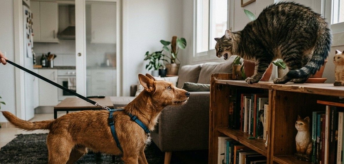 Fotografía realista que captura el conflicto típico en la convivencia animal. En el centro de un salón doméstico, un perro de pelo canela está en posición de alerta, sujeto firmemente por una correa negra para evitar que se acerque. Frente a él, a una distancia de seguridad, un gato doméstico se ha refugiado en una estantería de madera; el felino tiene el pelaje erizado y una expresión de desconfianza, marcando su territorio desde la altura. Esta escena representa el desafío de cómo presentar un gato a un perro cuando no se ha realizado un intercambio de olores previo, destacando la importancia de las barreras físicas y el control del perro para evitar accidentes.