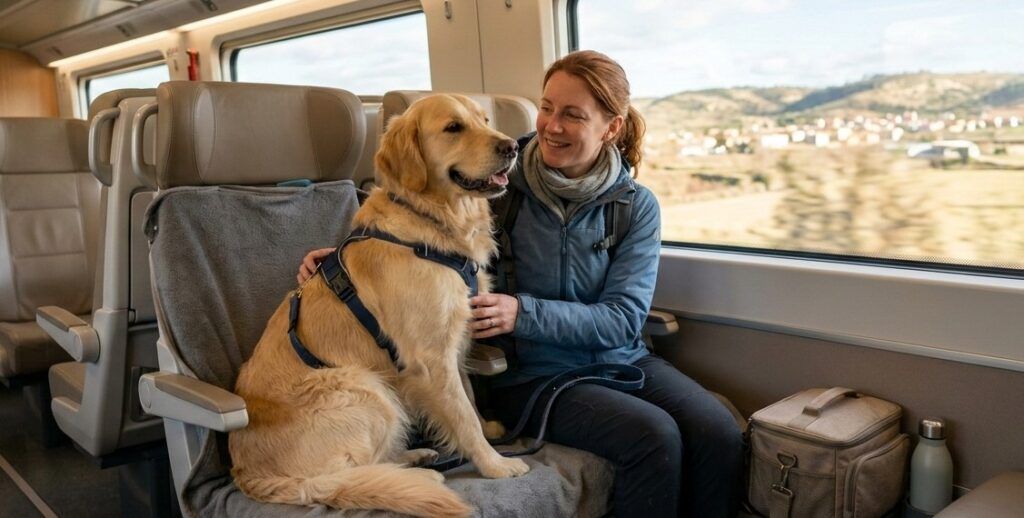 Una mujer viaja cómodamente en un tren moderno junto a su perro Golden Retriever de tamaño grande, que está sentado sobre una manta en el asiento contiguo. La imagen ilustra cómo viajar con perros de forma segura y legal en transporte público, mostrando el uso de arnés y un entorno 'pet-friendly' con vistas al paisaje a través de la ventana.