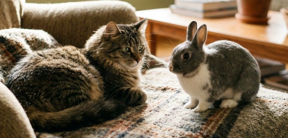 Fotografía de plano medio que captura un momento de calma y curiosidad mutua entre un gato y un conejo. Ambos animales están sentados frente a frente sobre un sillón de tela rústica en tonos crema y marrón, cubierto por una manta de cuadros en color burdeos y beige. A la izquierda, un gato atigrado de pelaje marrón y negro, con ojos verdes brillantes y orejas alertas, está recostado cómodamente, mirando fijamente al conejo. A la derecha, un conejo enano de pelaje gris azulado y blanco, con orejas erguidas y ojos oscuros, está sentado en una postura vigilante, devolviéndole la mirada al gato. La escena transcurre en un salón acogedor y soleado. Al fondo, desenfocado, se aprecia un ventanal con luz natural que entra, una mesa de café de madera con libros apilados y una planta en maceta de terracota, y un sofá con cojines rosados y una cesta de mimbre, creando una atmósfera doméstica, cálida y segura.