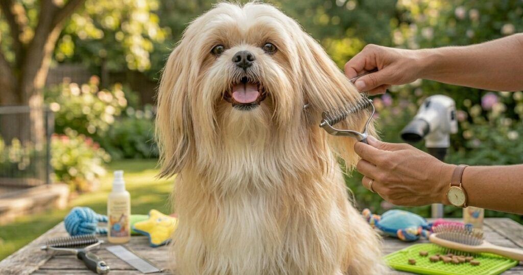 Fotografía en plano medio de un perro de raza Shih Tzu con pelaje largo, sedoso y de color crema, que mira alegremente a la cámara con la boca abierta en una expresión de felicidad. El perro está sobre una mesa de madera rústica en un jardín soleado. A la derecha, se ven las manos de una persona utilizando un peine metálico y una carda profesional para cepillar con cuidado un mechón de su pelo. Sobre la mesa, se aprecian herramientas de peluquería canina como un expulsor de aire al fondo, botes de champú o acondicionador, y una alfombrilla con premios para el perro. El fondo está desenfocado, mostrando una vegetación verde y exuberante bañada por la luz natural de la tarde.