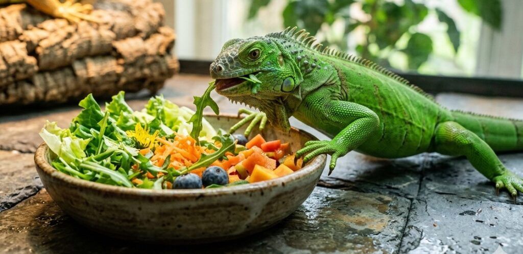 Fotografía realista de portada para el artículo sobre dieta de iguana joven vs adulta, sin texto. En primer plano, una iguana verde joven y vibrante se alimenta de un bol de cerámica rústica lleno de una mezcla fresca de verduras de hoja oscura, zanahoria rallada y arándanos frescos, ilustrando la base de su nutrición en España, 2026. Al fondo, suavemente desenfocada, una iguana adulta de mayor tamaño descansa sobre un tronco de corcho bajo luz UVB cálida, mostrando la transición de edad y tamaño de la especie.
