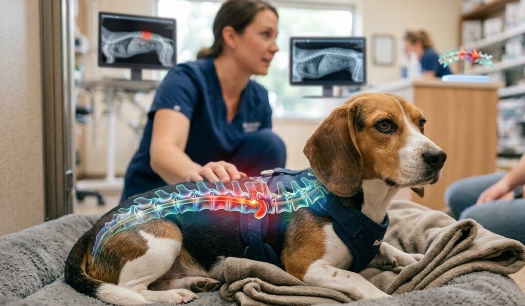 Fotografía realista de un perro Beagle en una clínica veterinaria con una superposición gráfica que muestra su columna vertebral. Una zona de la espalda está resaltada en color rojo brillante, simbolizando una hernia de disco o IVDD. Al fondo, una veterinaria con uniforme azul examina al perro con cuidado mientras el dueño observa. En las pantallas del consultorio se muestran radiografías de la columna canina.