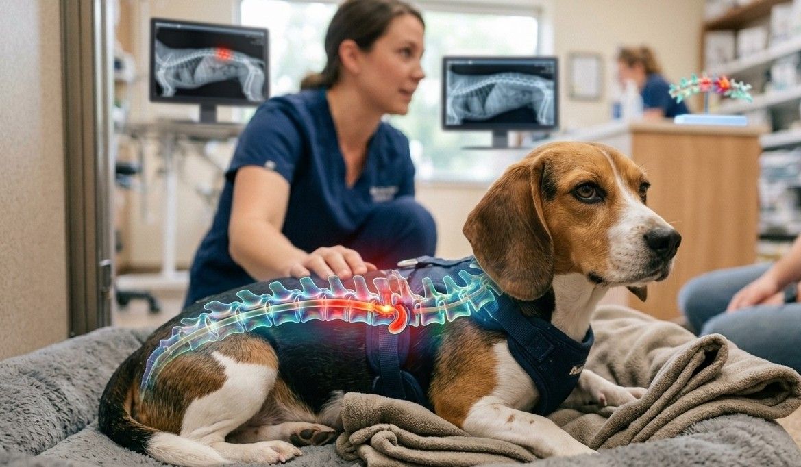 Fotografía realista de un perro Beagle en una clínica veterinaria con una superposición gráfica que muestra su columna vertebral. Una zona de la espalda está resaltada en color rojo brillante, simbolizando una hernia de disco o IVDD. Al fondo, una veterinaria con uniforme azul examina al perro con cuidado mientras el dueño observa. En las pantallas del consultorio se muestran radiografías de la columna canina.