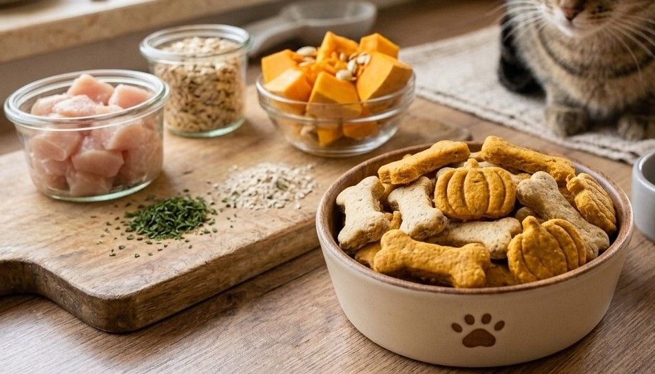Esta es una fotografía de estilo rústico y luminoso que muestra snacks caseros para gatos en un entorno de cocina acogedor.

El elemento principal: En el centro de la imagen, hay un bol de cerámica de color crema que contiene una mezcla de galletitas horneadas. Las galletitas tienen dos formas distintas: pequeños huesos alargados de color ocre claro y mini calabazas detalladas con un tono naranja más intenso. El bol tiene una pequeña huella de gato marrón impresa en el lateral.

Los ingredientes frescos: A la izquierda, sobre una tabla de cortar de madera natural, se presentan los ingredientes de la receta:

Un pequeño frasco de cristal lleno de dados de pechuga de pollo cruda y rosada.

Un cuenco de vidrio con trozos de calabaza fresca de color naranja brillante.

Pequeños recipientes y montoncitos con copos de avena y hierbas verdes picadas (como perejil o hierba gatera).

El gato: En la parte derecha, en un segundo plano ligeramente desenfocado, aparece un gato atigrado de pelo corto sentado pacientemente sobre una pequeña alfombra de tela. El gato tiene rayas marrones y grises, y observa los snacks con una expresión de tranquila expectativa.

El entorno: La escena está situada en la encimera de una cocina de madera clara. Al fondo, se ve una ventana por la que entra luz natural, junto con algunos utensilios de cocina y platos apilados, lo que refuerza la sensación de que las galletitas son hechas a mano y naturales.