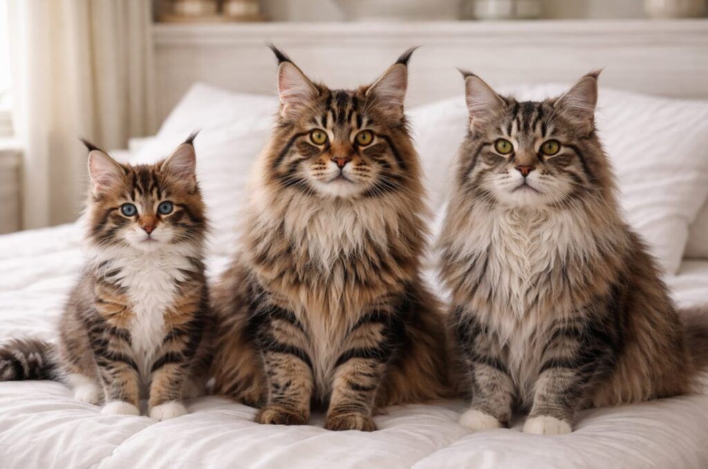 Maine coon - Portada raza, 3 gatitos maine coon en la cama