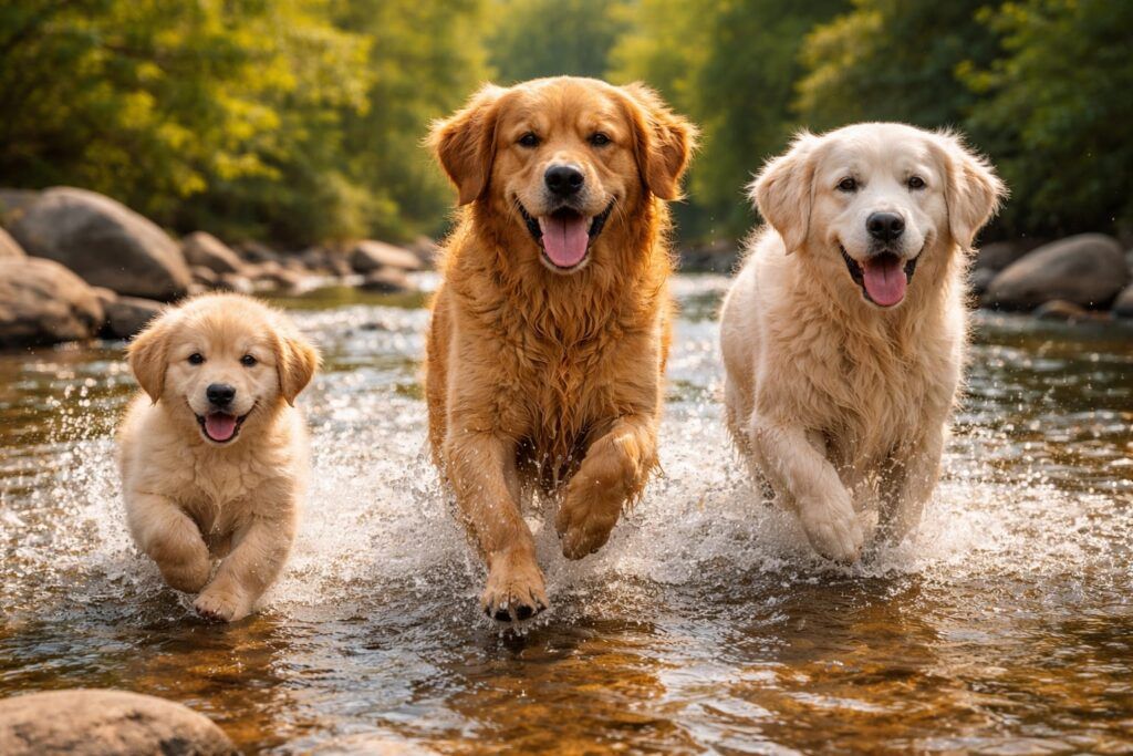 Tres golden retriever en el río, foto portada