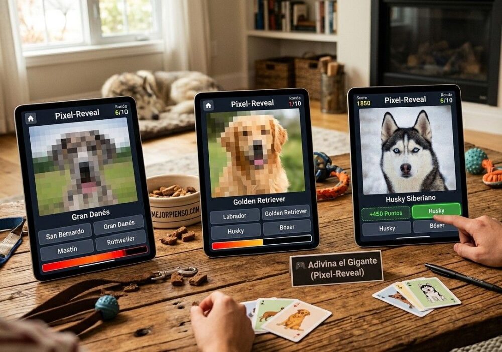 Juego pixel reveal sobre perros de razas grandes con varias dificultades
