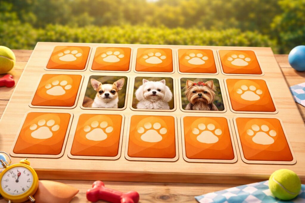 Tablero de cartas de razas minis de perros que tienes que buscar su pareja sin fallar