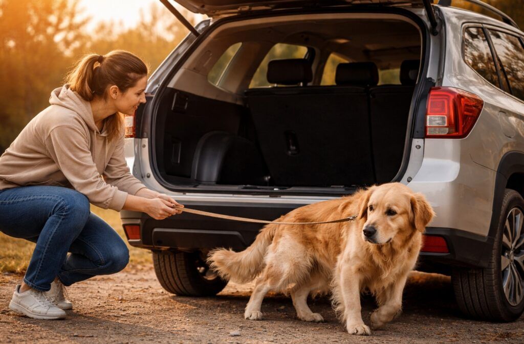Perro golden retriever no quiere subir al coche