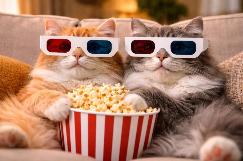 Dos gatos en el sofá viendo películas de gatos para niños con final feliz