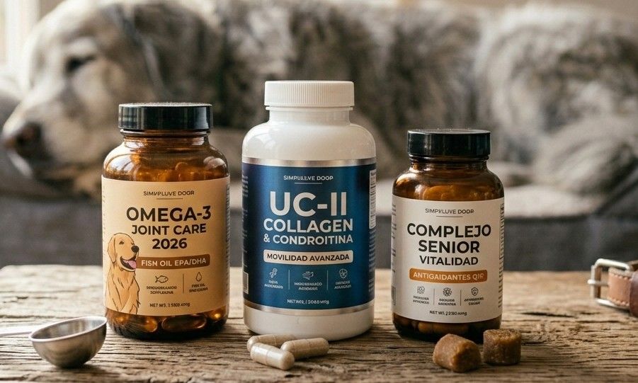 Una fotografía de alta calidad centrada en la nutrición funcional canina. En primer plano, sobre una superficie de madera rústica, se alinean tres envases de suplementos esenciales para el cuidado de razas grandes mayores. El primer bote especifica 'Omega-3 Joint Care 2026' con aceite de pescado EPA/DHA; el central destaca 'UC-II Collagen & Condroitina' para movilidad avanzada; y el tercero muestra un 'Complejo Senior Vitalidad' rico en antioxidantes Q10. Delante de los botes hay una cuchara medidora metálica y algunas cápsulas y snacks funcionales sueltos. En el segundo plano, con un suave efecto bokeh, se aprecia la silueta de un perro Golden Retriever senior descansando cómodamente, sugiriendo los resultados positivos de estos suplementos en la calidad de vida y el bienestar articular de los perros grandes