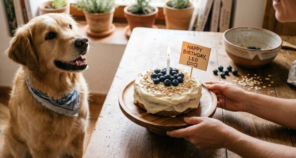 Fotografía realista y cálida en una cocina sunlit de España, 2026. Un perro Golden Retriever mix con un pañuelo azul y blanco está sentado pacientemente en un suelo de baldosas, mirando con anticipación hacia una pequeña tarta casera de cumpleaños para perro que descansa sobre un soporte de madera en una mesa de madera rústica. La tarta está cubierta con crema de yogur griego blanco, arándanos frescos y copos de avena, con una vela encendida en el centro. Al fondo, las manos de una mujer se extienden para sujetar el soporte, mientras la cocina muestra libros de cocina y plantas de hierbas en macetas. La luz natural ilumina la escena, transmitiendo alegría, anticipación y amor por la mascota.