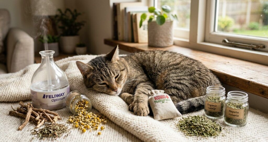 Fotografía realista de un gato atigrado durmiendo plácidamente rodeado de varios tranquilizantes naturales para gatos, como manzanilla, catnip y un difusor de feromonas.