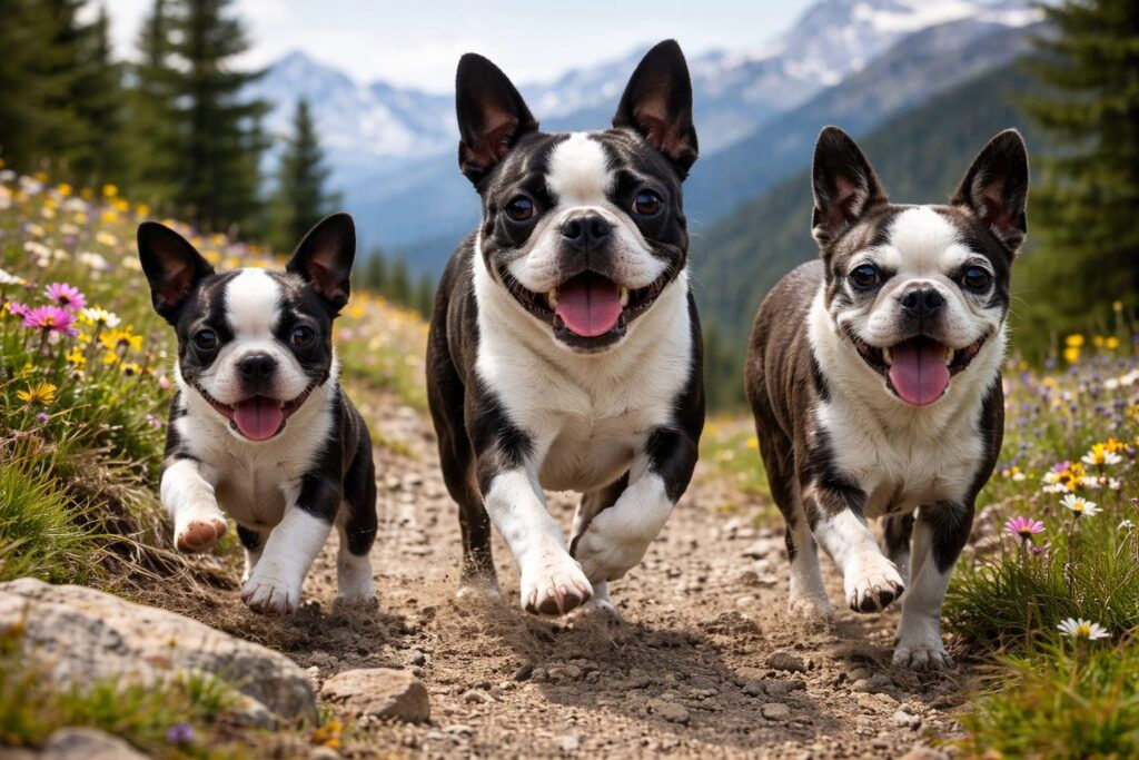 Boston Terrier foto portada. Tres , boston terrier de distintas etapas
