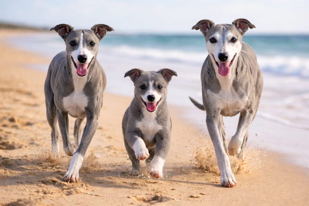 Foto portada de la raza de perro Whippet, salen tres whippet de distintas edad