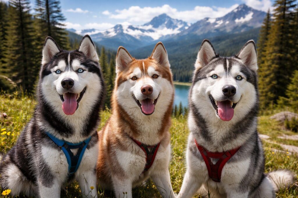 Tres Husky, de cada color, en un paisaje de montaña.