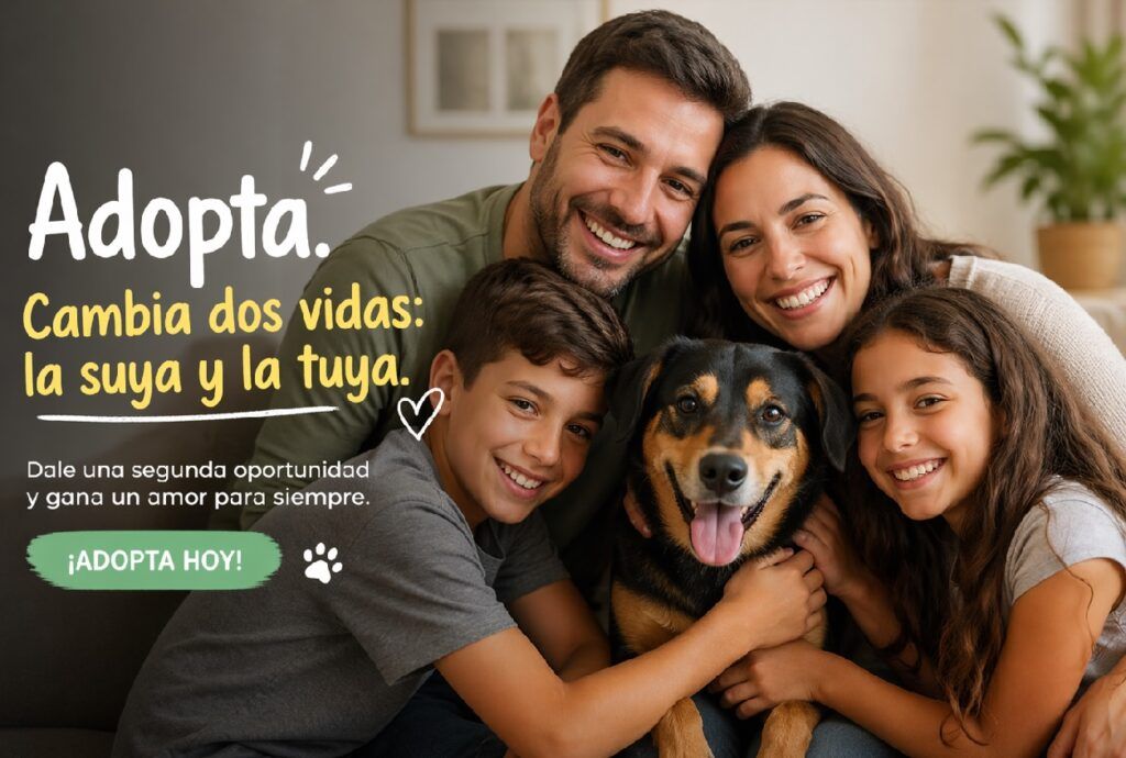 Familia feliz después de adoptar un perrito. Foto para potenciar adopción en valencia