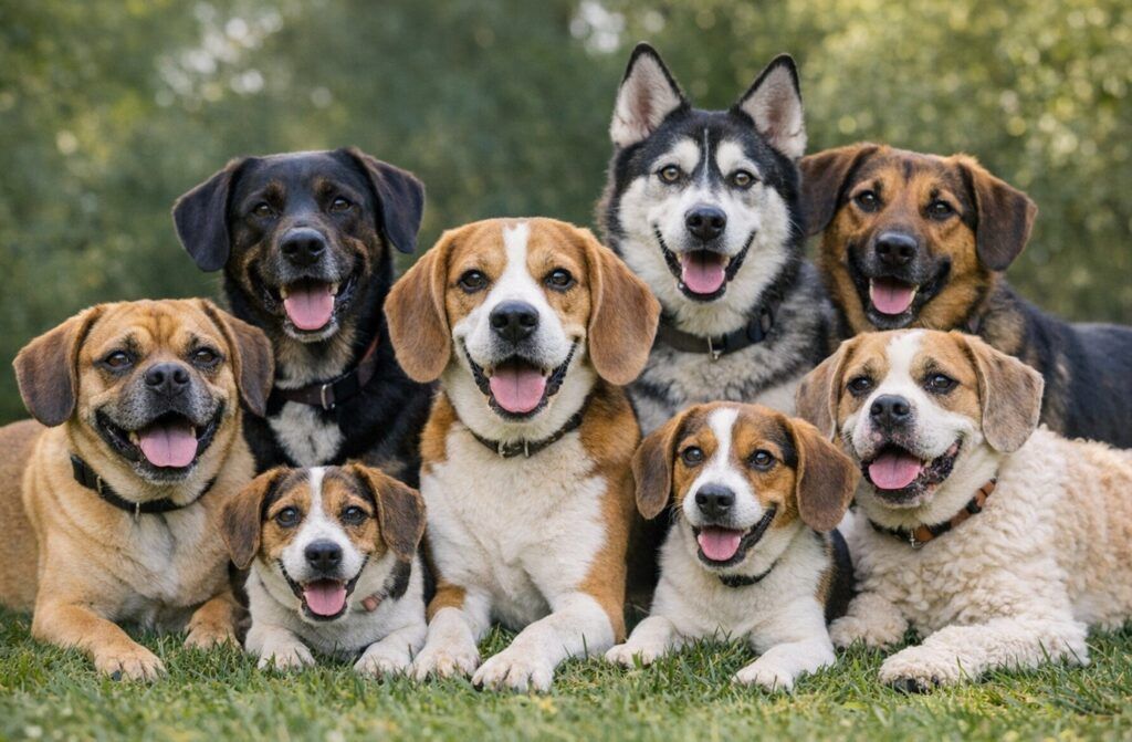 Beagle y mezclas de beagle, se pueden ver varios muy parecidos hasta muy distintos