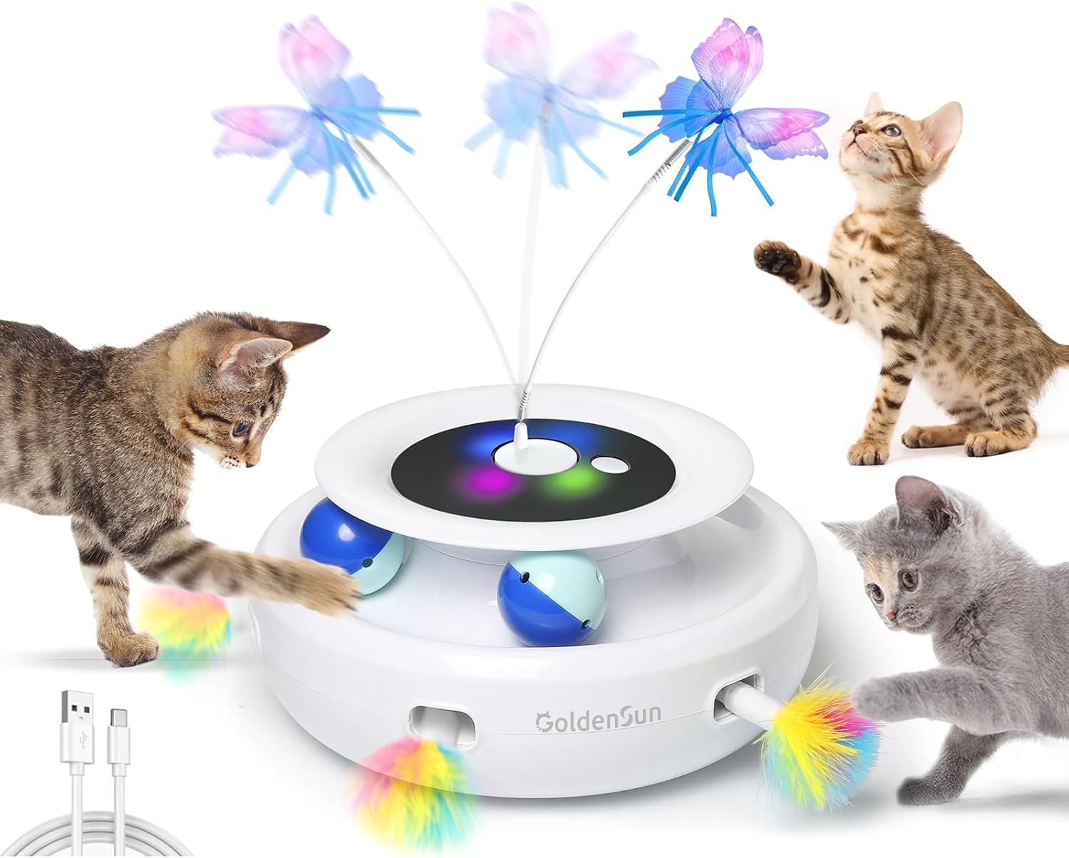 juguete interactivo para gatos automático 3 en 1, plumas, mariposas y bolas