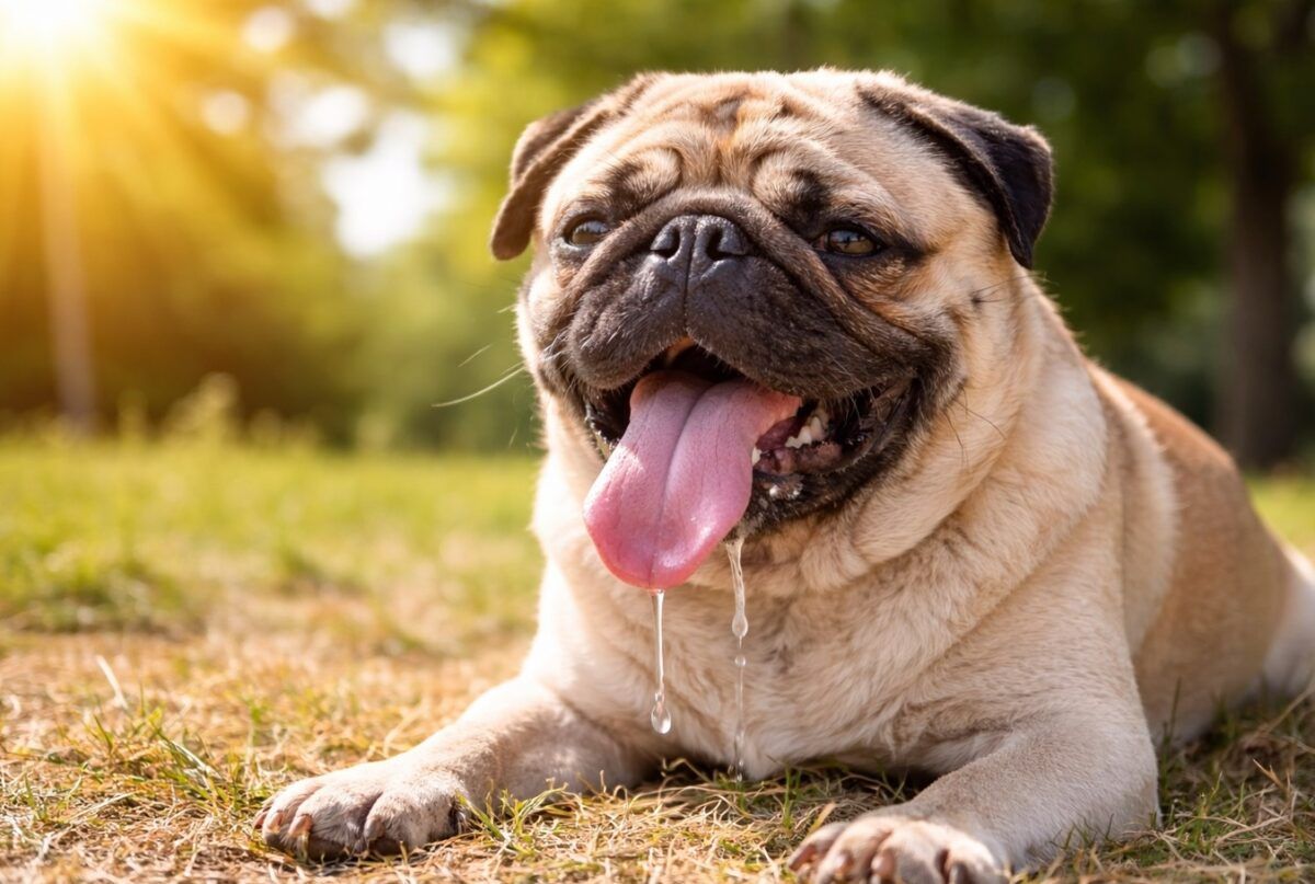 Un carlino tumbado en el campo sufriendo mucho calor