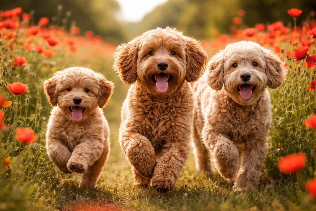 Tres cockapoo en la naturaleza felices. Foto de portada