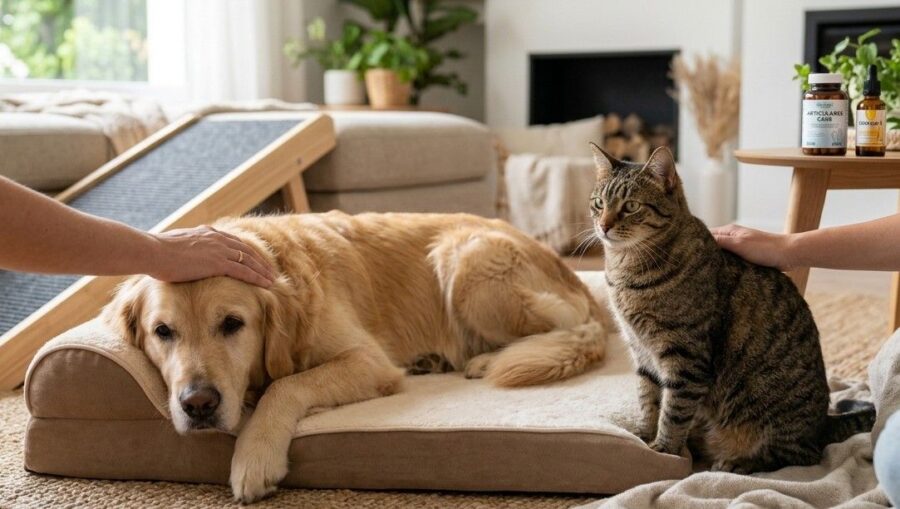 Una fotografía realista en un salón acogedor y luminoso que ilustra el cuidado integral de las articulaciones. En el centro, un perro Golden Retriever de edad avanzada descansa cómodamente en una cama ortopédica de espuma viscoelástica de color beige. A su lado, un gato tabby está sentado tranquilamente. Dos personas, cuyas manos son visibles, acarician suavemente al perro y al gato en señal de apoyo y cuidado. A la izquierda, se observa una rampa de madera con superficie antideslizante apoyada contra un sofá, facilitando el acceso sin saltos. Al fondo, sobre una mesa de madera, se ven botes de suplementos condoprotectores y un frasco con cuentagotas (posiblemente CBD o aceite de salmón). La escena transmite una atmósfera de bienestar, prevención y adaptación del entorno para mascotas con movilidad reducida.