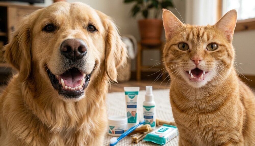 Un perro Golden Retriever y un gato atigrado naranja sentados juntos, mostrando dientes blancos y limpios, rodeados de productos de higiene dental como un cepillo, pasta y geles.
