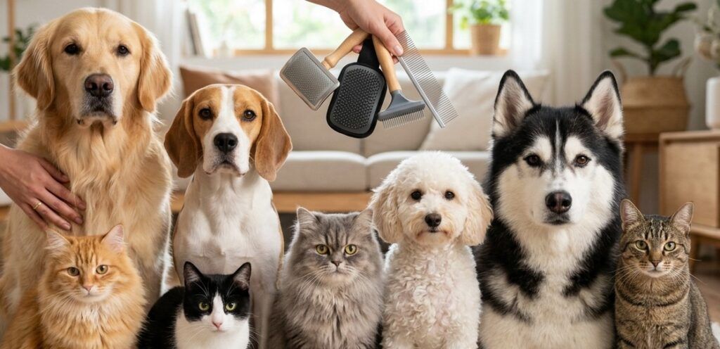 Fotografía realista en plano medio de un grupo diverso de siete mascotas, tres perros y cuatro gatos, sentados juntos en una alfombra clara. De izquierda a derecha, se observan: un Golden Retriever (pelo largo y liso), un Beagle (pelo corto), un Poodle-mix blanco (pelo rizado), un Husky Siberiano (doble capa de pelo denso) y un gato Persa gris (pelo largo y denso), acompañados por un gato tabby y un gato de pelo corto negro y blanco. En la parte central superior, una mano humana sostiene un cepillo slicker con base negra y un peine metálico con mango de madera, posicionados justo sobre el grupo de animales, simbolizando la rutina de grooming. El fondo, con plantas de interior como una Monstera difuminada y muebles de madera, crea una atmósfera cálida y limpia que resalta las distintas texturas y condiciones saludables de cada manto.