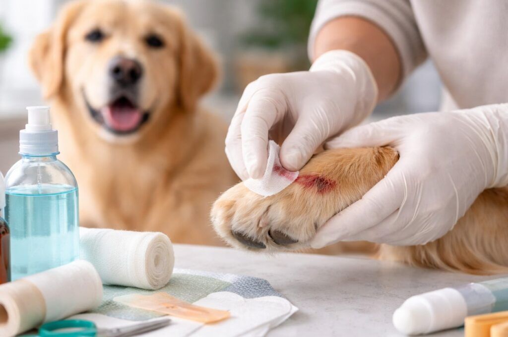 Primer plano de un perro siendo atendido mientras una persona limpia cuidadosamente una herida en su pata con una gasa, en un entorno limpio y bien iluminado que transmite cuidado y primeros auxilios.