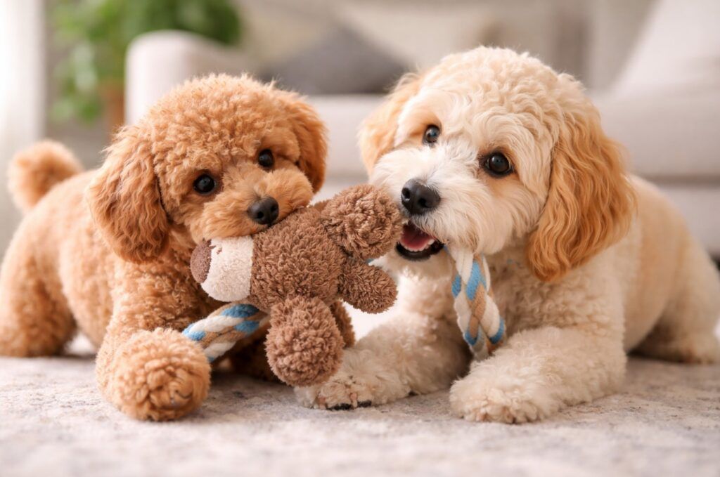 A la izquierda caniche toy, peluche en medio y un cockapoo a la derecha, ambos jugueteando, se observa sus similitudes y diferencias