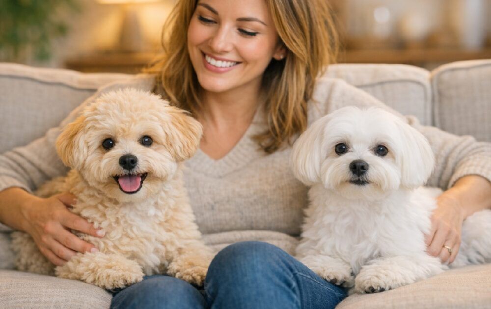 Un maltipoo, su dueña y un bichón maltés. Se aprecia mucho sus similitudes